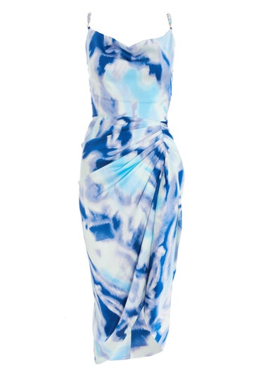 Quiz Blue Satin Marble Print Ruched Midi Dress