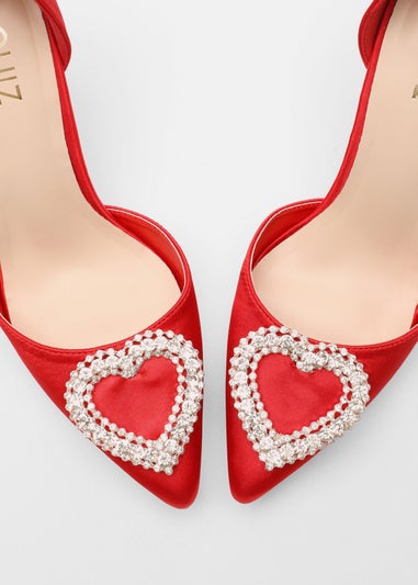 Quiz Red Satin Diamante Heart Brooch Court Heels