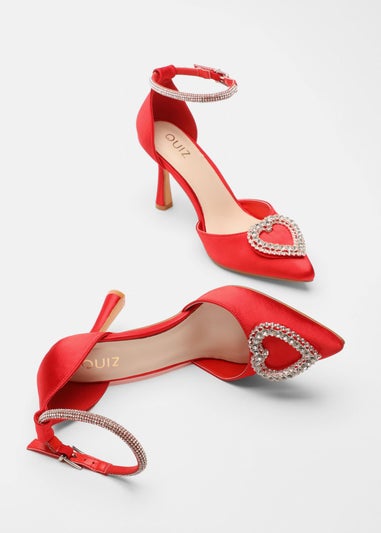 Quiz Red Satin Diamante Heart Brooch Court Heels