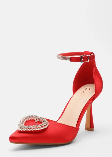 Quiz Red Satin Diamante Heart Brooch Court Heels