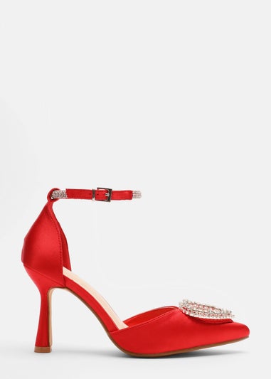 Quiz Red Satin Diamante Heart Brooch Court Heels