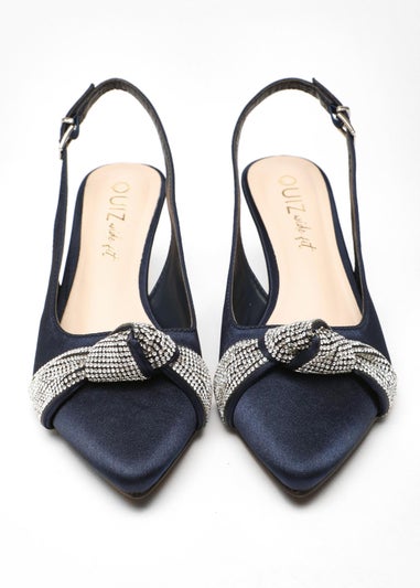 Quiz Navy Wide Fit Diamante Knot Sling Back Low Heels