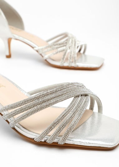 Quiz Silver Wide fit Diamante Cross Strap Low Heels