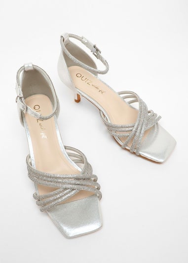 Quiz Silver Wide fit Shimmer Diamante Cross Strap Low Heels