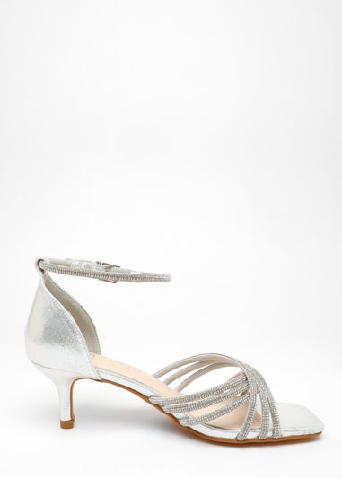 Quiz Silver Wide fit Diamante Cross Strap Low Heels