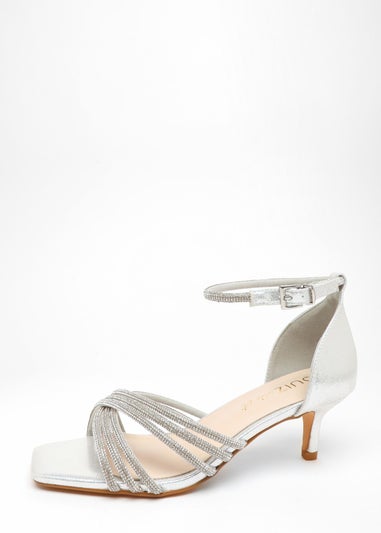 Quiz Silver Wide fit Diamante Cross Strap Low Heels