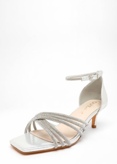 Quiz Silver Wide fit Diamante Cross Strap Low Heels