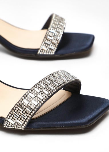 Quiz Navy Wide Fit Satin Diamante Low Block Heeled Sandals