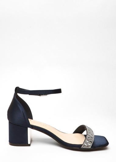 Quiz Navy Wide Fit Satin Diamante Low Block Heeled Sandals