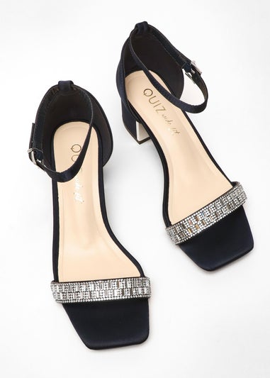 Quiz Navy Wide Fit Satin Diamante Low Block Heeled Sandals