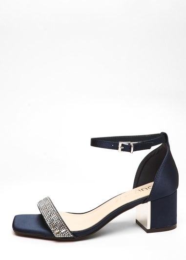 Quiz Navy Wide Fit Satin Diamante Low Block Heeled Sandals