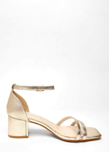 Quiz Gold Wide Fit Foil Strappy Low Block Heeled Sandals