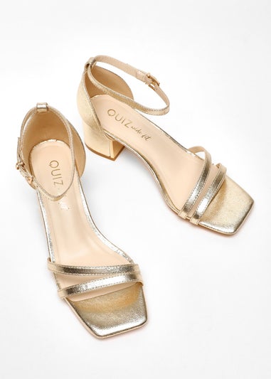 Quiz Gold Wide Fit Foil Strappy Low Block Heeled Sandals