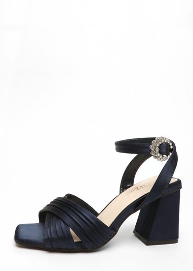 Quiz Navy Wide Fit Satin Pleated Block Heel Sandals - Matalan