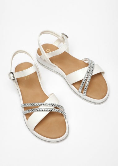 Quiz White Faux Leather Diamante Cross Strap Sandals