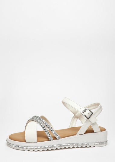 Quiz White Faux Leather Diamante Cross Strap Sandals