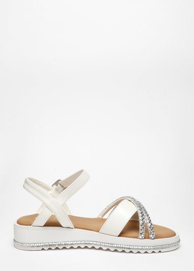 Quiz White Faux Leather Diamante Cross Strap Sandals