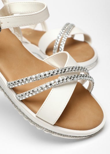 Quiz White Faux Leather Diamante Cross Strap Sandals