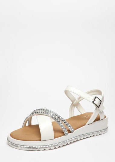 Quiz White Faux Leather Diamante Cross Strap Sandals