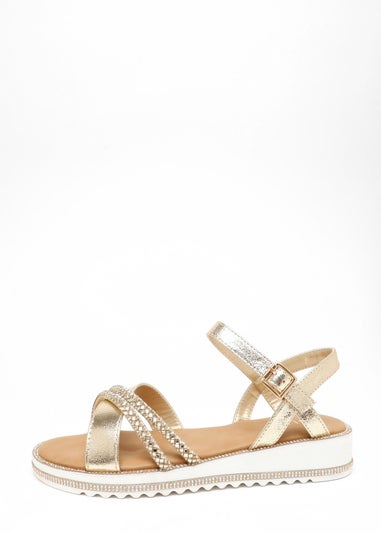 Quiz Gold Foil Diamante Cross Strap Sandals