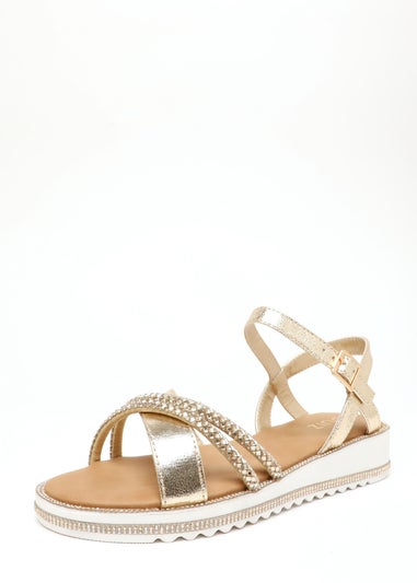 Quiz Gold Foil Diamante Cross Strap Sandals