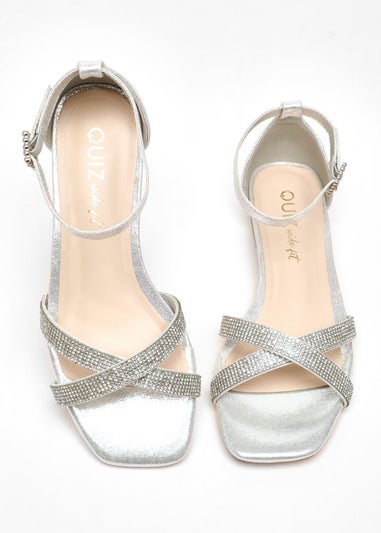 Quiz Silver Wide Fit Diamante Cross Strap Flat Sandals