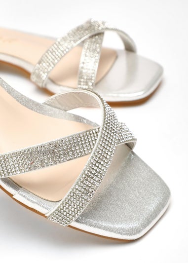 Quiz Silver Wide Fit Diamante Cross Strap Flat Sandals