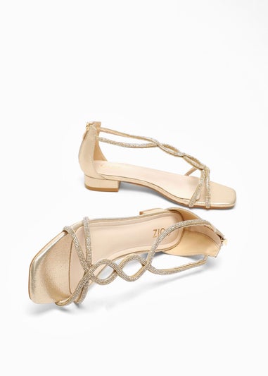 Quiz Gold Foil Diamante T-Strap Flat Sandals