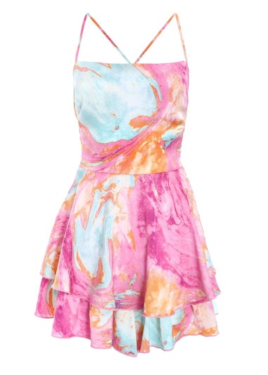 Quiz Pink Marble Print Satin Tiered Playsuit