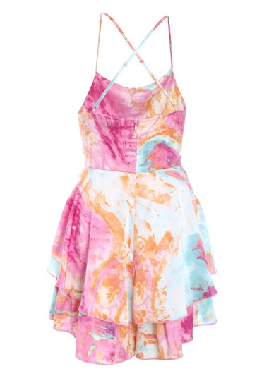 Quiz Pink Marble Print Satin Tiered Playsuit