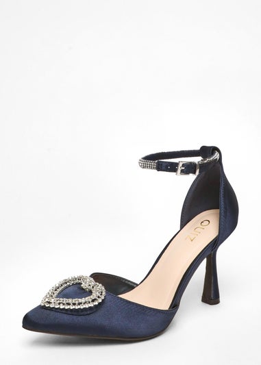 Quiz Navy Satin Diamante Heart Brooch Court Heels