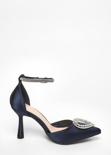 Quiz Navy Satin Diamante Heart Brooch Court Heels