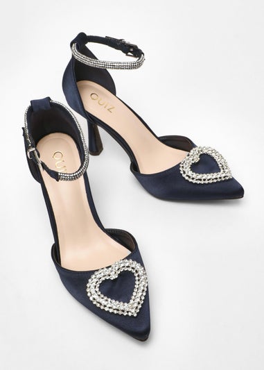 Quiz Navy Satin Diamante Heart Brooch Court Heels