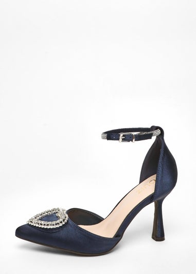 Quiz Navy Satin Diamante Heart Brooch Court Heels