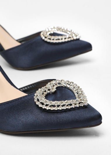 Quiz Navy Satin Diamante Heart Brooch Court Heels