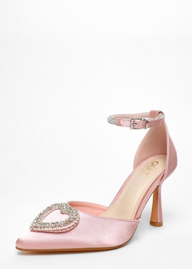 Quiz Pink Satin Diamante Heart Brooch Court Heels