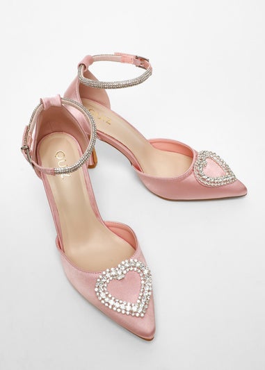 Quiz Pink Satin Diamante Heart Brooch Court Heels