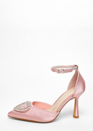 Quiz Pink Satin Diamante Heart Brooch Court Heels