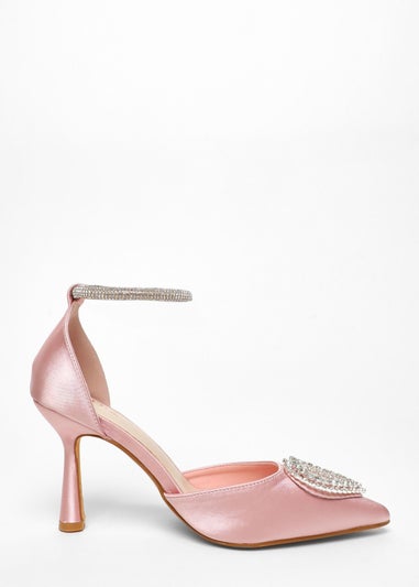 Quiz Pink Satin Diamante Heart Brooch Court Heels