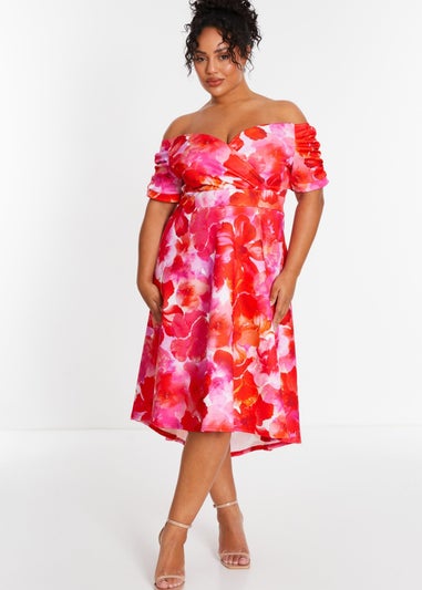 Quiz Pink Curve Floral Bardot Dip Hem Midi Dress