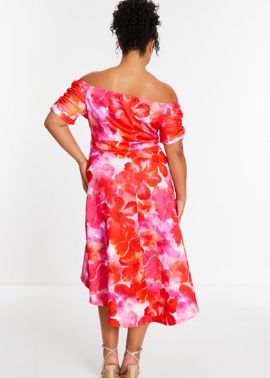 Quiz Pink Curve Floral Bardot Dip Hem Midi Dress