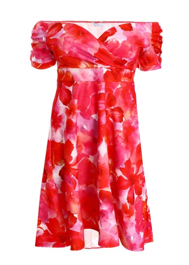 Quiz Pink Curve Floral Bardot Dip Hem Midi Dress