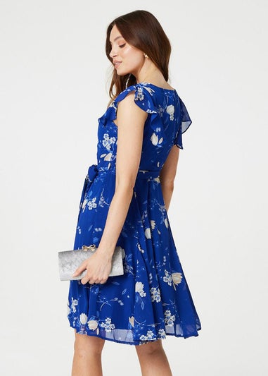 Izabel London Blue Floral Frilled Knee Length Wrap Dress