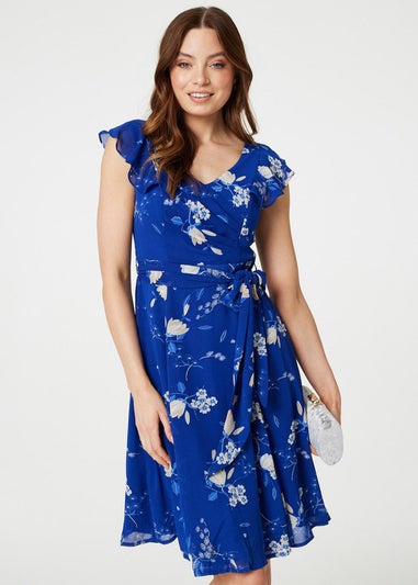 Izabel London Blue Floral Frilled Knee Length Wrap Dress