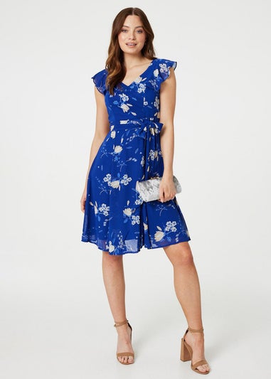 Izabel London Blue Floral Frilled Knee Length Wrap Dress