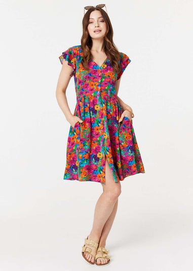 Izabel London Pink Floral V-Neck Frilled Sleeve Short Dress