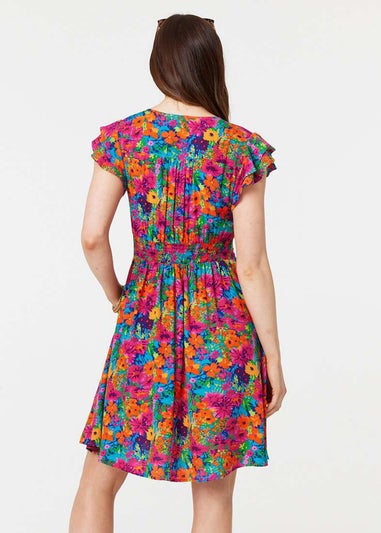 Izabel London Pink Floral V-Neck Frilled Sleeve Short Dress