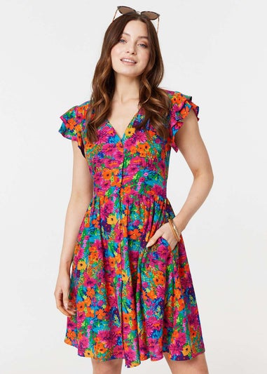 Izabel London Pink Floral V-Neck Frilled Sleeve Short Dress