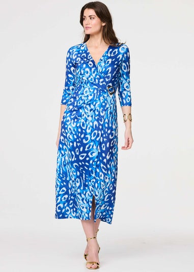 Izabel London Blue Animal Print 3/4 Sleeve Midi Wrap Dress