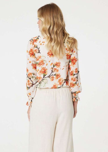 Izabel London Orange Floral Shirred High Neck Blouse